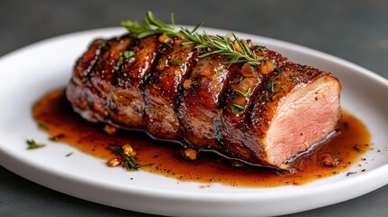 A beautifully presented succulent piece of roasted meat, garnished with fresh herbs, showcasing culinary excellence and mouthwatering flavor in a fine dining setting.