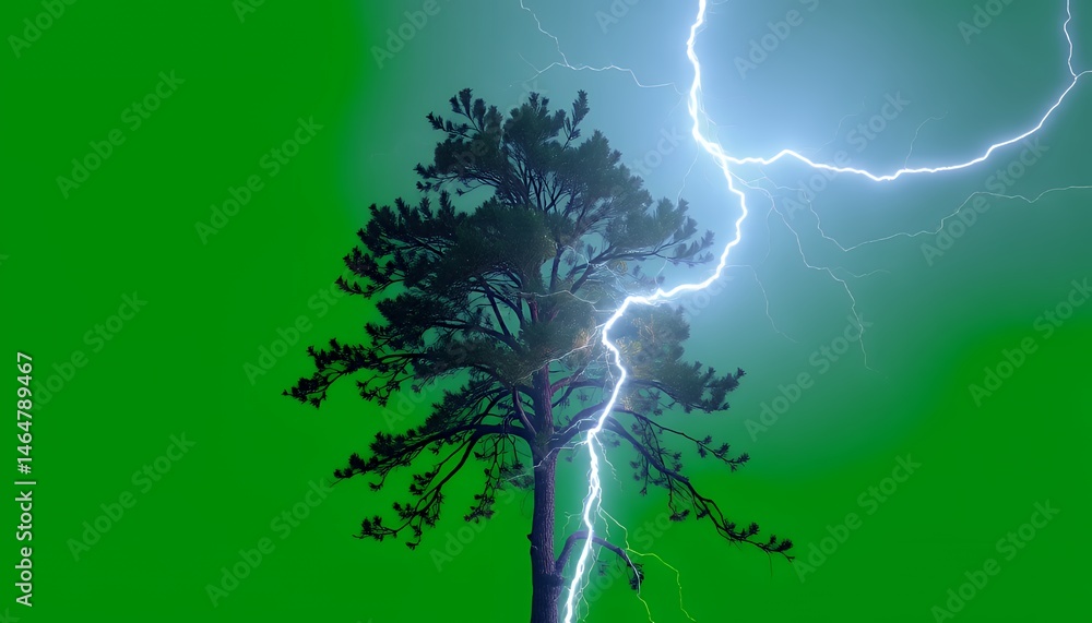 Poster low angle of tree struck by lightning isolated on green screen background perfect for vfx and compos