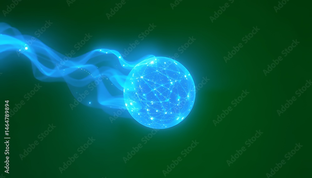 Poster luminescent blue orb emitting stylized light trail isolated on green screen background perfect for d