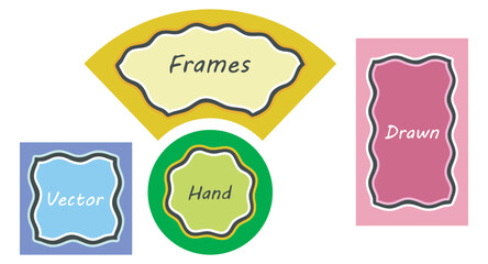Frame, doodle wave edge border Set. Hand drawn paint brush wavy line stroke, multicolour background. Circle wreath, arch, square, rectangle geometric shape. Empty text space. Vector illustration