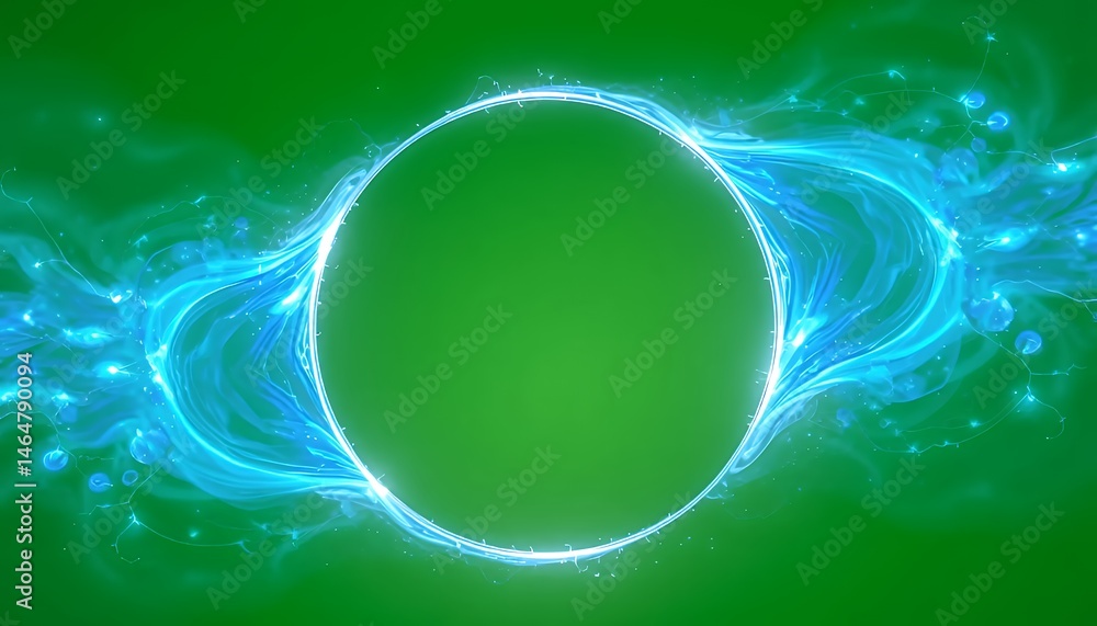 Poster luminous circle composed of glowing particles and blue light trails isolated on green screen backgro