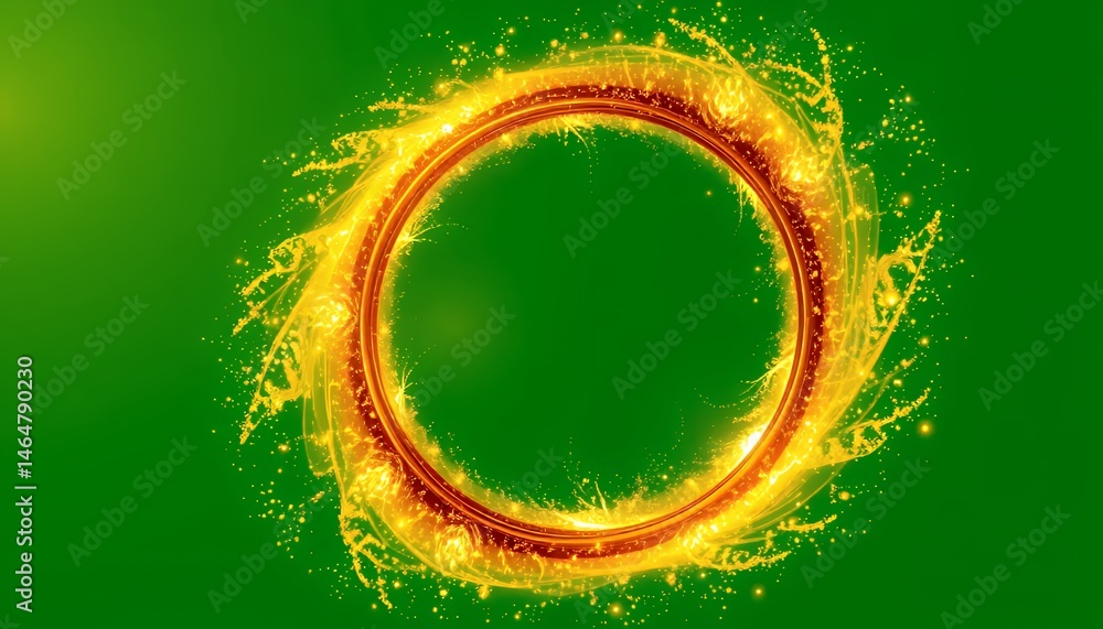 Poster luminous gold ring portal sparkling with energy isolated on green screen background perfect for visu