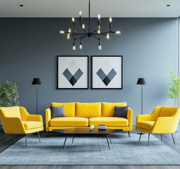 Modern living room with bold yellow accents (1)