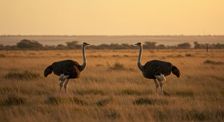 Naklejka premium Ostriches in golden landscape
