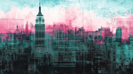 Abstract cityscape illustration of a vibrant New York skyline.