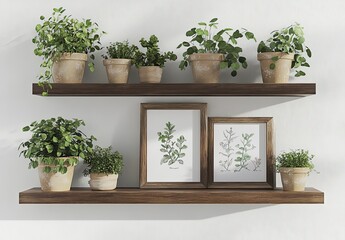 Rustic herb garden display on floating shelves