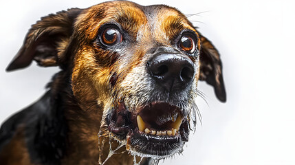 Rabid dog, animal with rabies, saliva from mouth, aggressive. Banner copy space