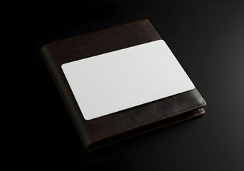 Blank white business card mock up in brown leather wallet on black background perfect for branding and design projects