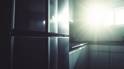 A refrigerator with a sleek design, partially illuminated by sunlight streaming through a window in the background.