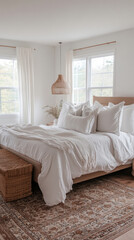 Fototapeta premium A serene modern bedroom with soft neutral tones, a plush bed with cozy linens, throw pillows, and warm lighting, complemented by natural light filtering through large windows
