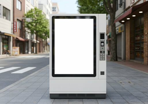 Blank Vending Machine Mockup on City Street Advertising Template Modern Signage Urban Display
