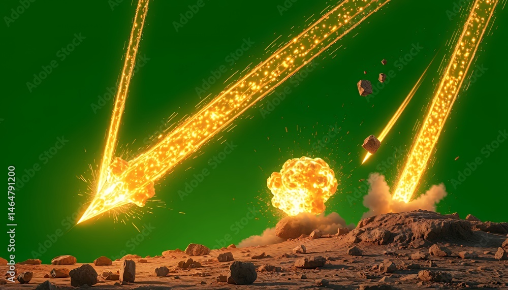 Poster meteor shower impacting rocky terrain with orange trails isolated on green screen background perfect