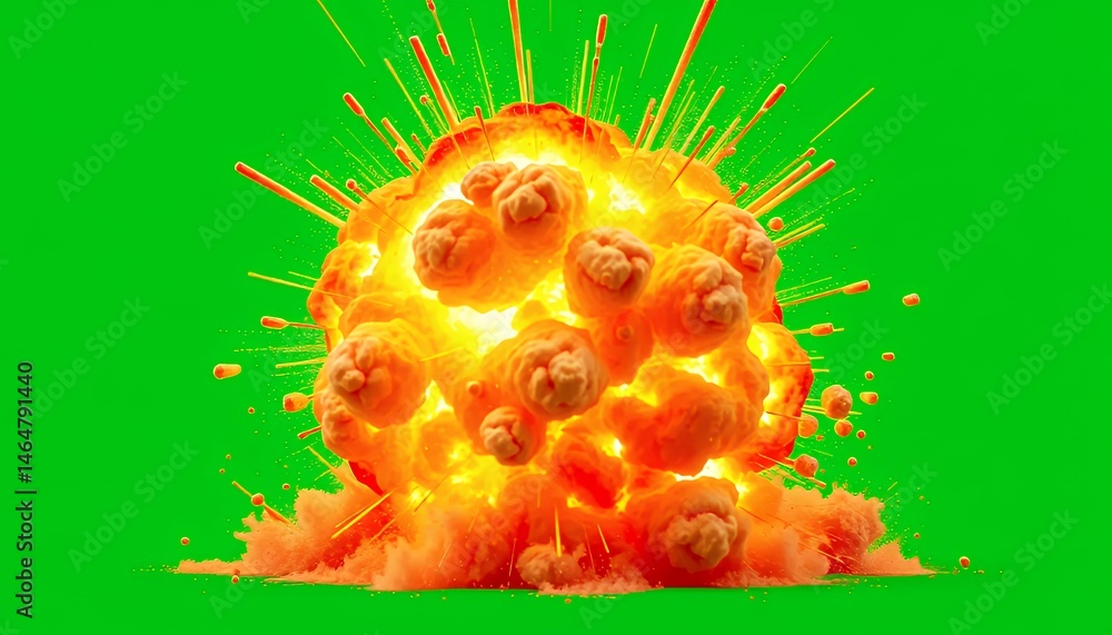 Poster orange fire explosion with dynamic blast isolated on green screen background for visual effects and 