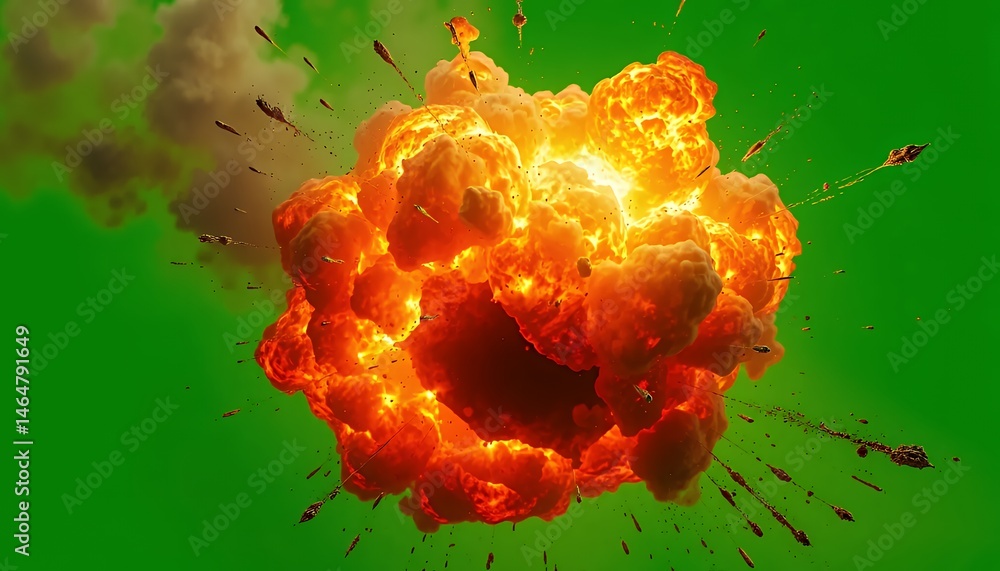 Poster orange yellow fireball explosion with billowing smoke isolated on green screen background perfect fo