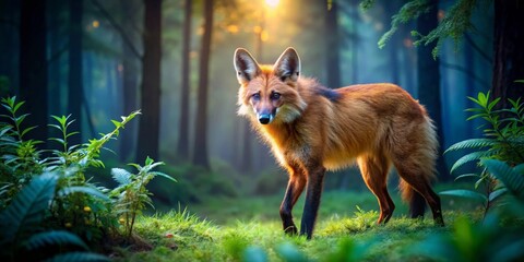 Obraz premium A Majestic Red Wolf in an Enchanting Forest at Dawn