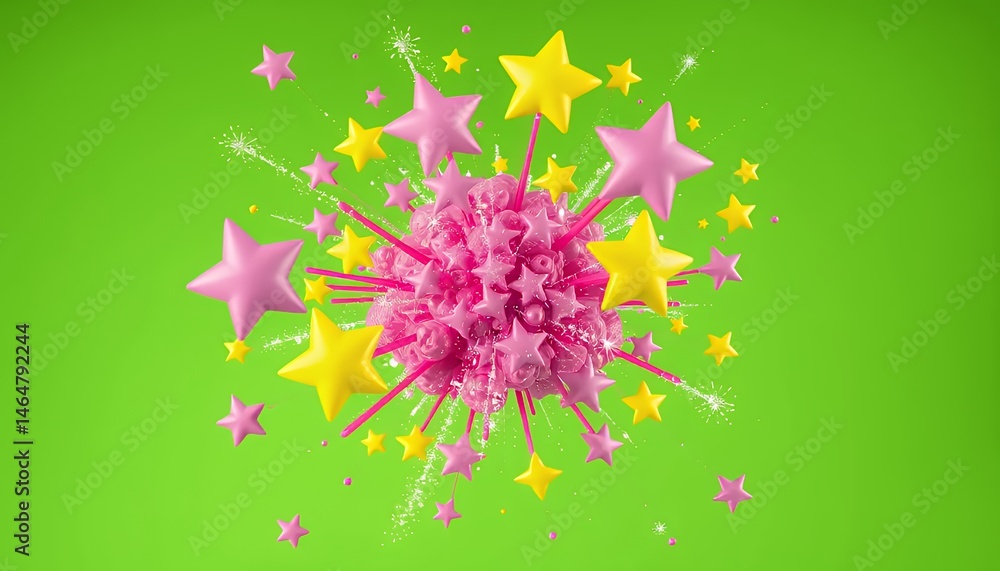 Poster pink and yellow star cluster explosions on green screen background for visual effects and motion gra