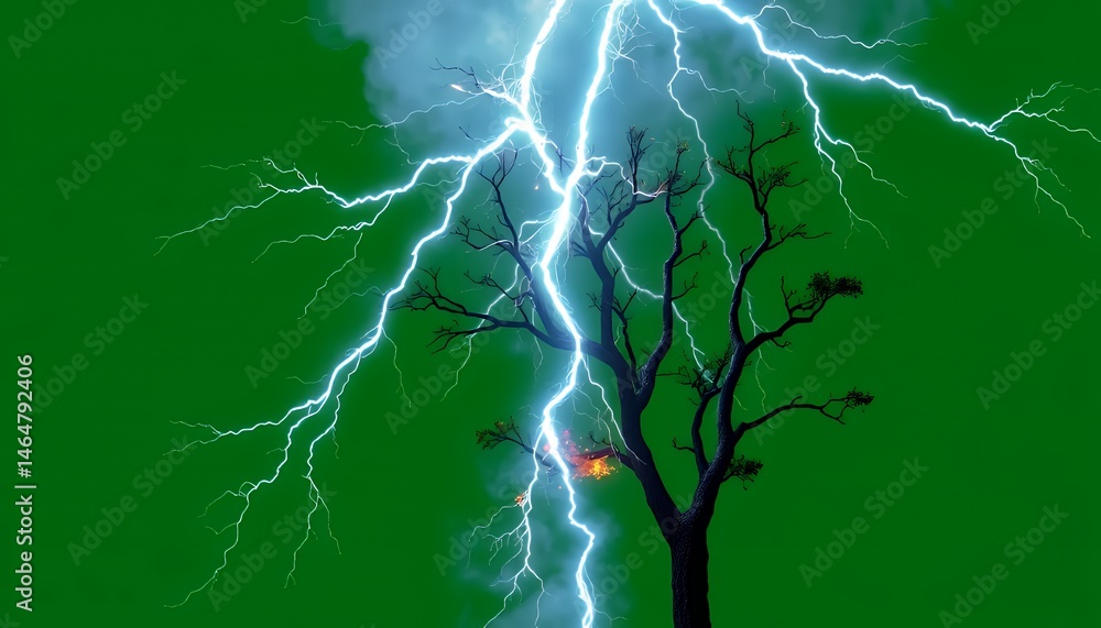 Poster pixel art leafless tree being struck by lightning effect isolated on green screen background for vis
