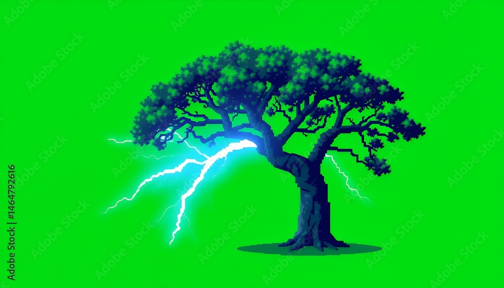 Poster pixel art silhouette of deciduous tree with lightning on green screen background isolated for visual