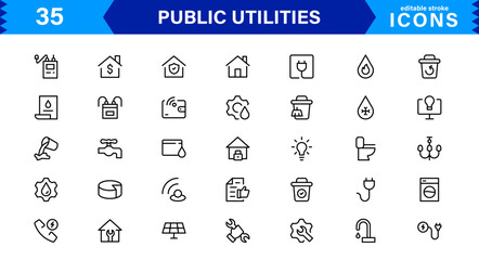 Essential Public Utility Icons. Clean Line Art Symbols, Stylish Vector Icons for Power, Water, and City Systems
