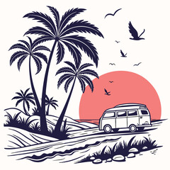 A stylized illustration of a serene beach scene featuring tall palm trees, a winding road, and a vintage van traveling towards a vibrant, large sun setting on the horizon