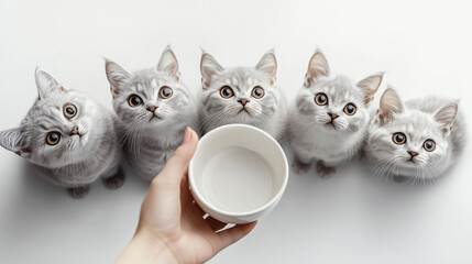 gray cats that are looking at a white bowl