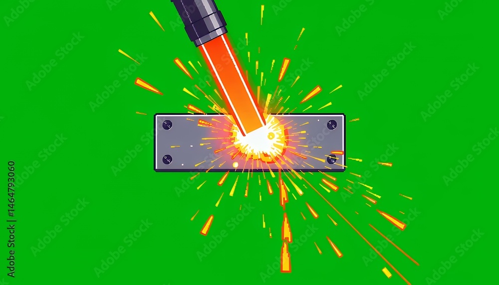 Poster pixel art welding torch cutting metal plate sparks flying top down view isolated on green screen bac