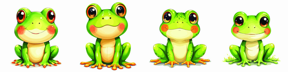 Obraz premium Set of 4 Cute Green Cartoon Frogs Vector Illustration