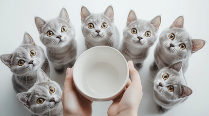 gray cats that are looking at a white bowl