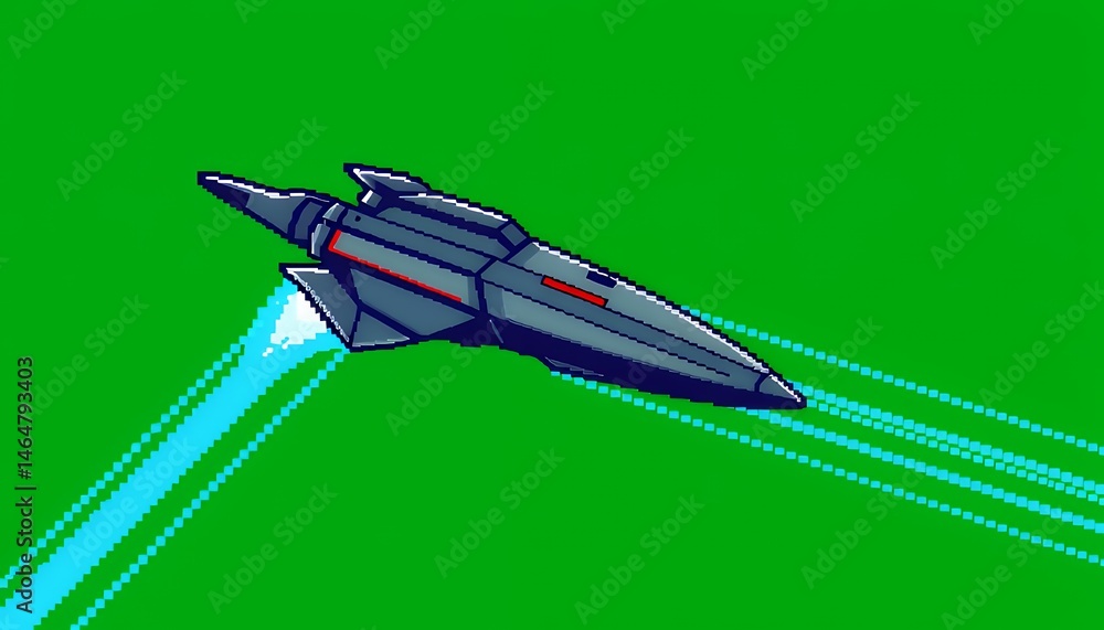 Poster pixelated dark gray spaceship soaring with blue trails isolated on green screen background for visua