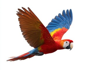 Fototapeta premium Scarlet macaw in flight isolated on white background. use cases: nature, wildlife, avian themes.