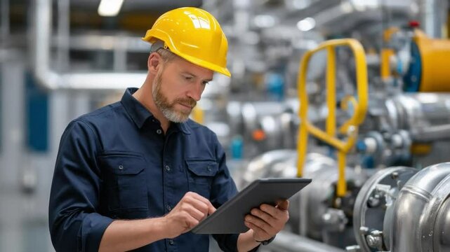 Industrial Inspection: A skilled technician in a safety helmet and uniform, meticulously inspecting machinery, utilizing a tablet for digital documentation and oversight.
