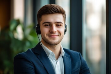 Close-up portrait of young hispanic man wearing glasses, man smiling and looking at camera at workplace inside office, programmer satisfied with success and achievement results