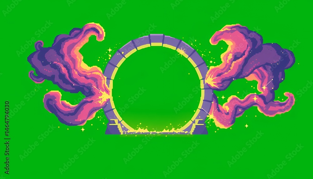 Poster pixelated fantasy portal animation with vaporous clouds and golden sparks isolated on green screen b