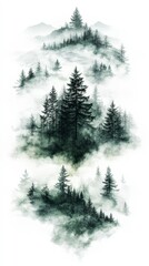 Obraz premium Watercolor foggy forest with mist and trees, evoking mystery and serenity