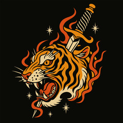 Obraz premium Stylized Tiger Head with Sword and Flames Graphic Illustration Art