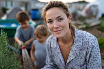 Fototapeta premium A captivating image of a mother engaged in gardening work with children playing in the background, emphasizing the joys of nurturing both plants and family in a natural setting.