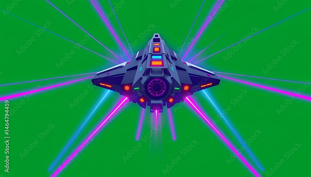 Poster pixelated futuristic spaceship emitting neon laser beams in low angle isolated on green screen backg