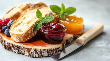 A rustic setting featuring slices of artisan bread accompanied by colorful jams portrays the essence of comfort food and the joy of sharing meals with loved ones.