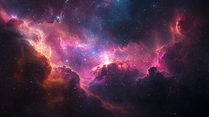 Obraz premium Pink and red nebula with starry background and cloud-like structures in deep space