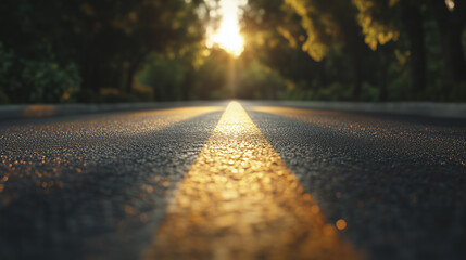 A wet road with a yellow line reflecting sunlight, surrounded by trees, during sunset.