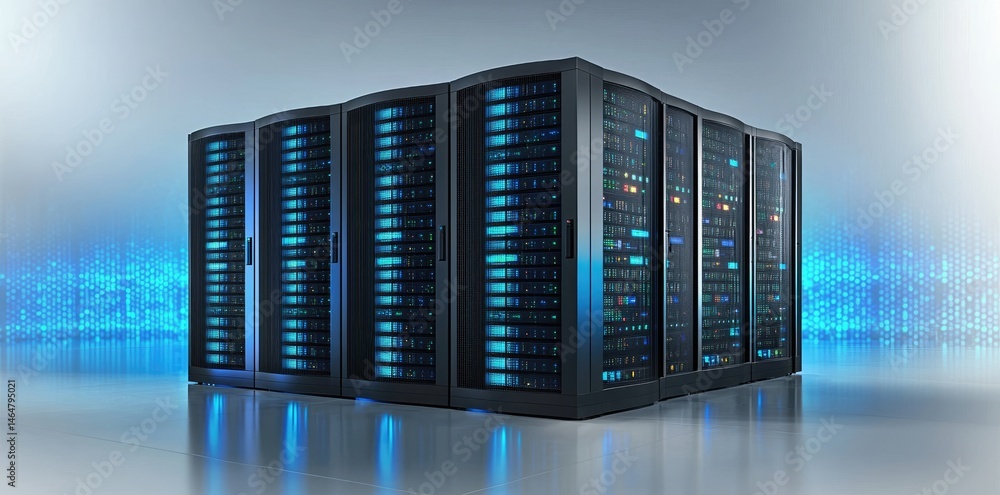 Poster Stylized server cabinet cluster with glowing blue and yellow indicators, great for use in IT security, system analytics, or network infrastructure content.