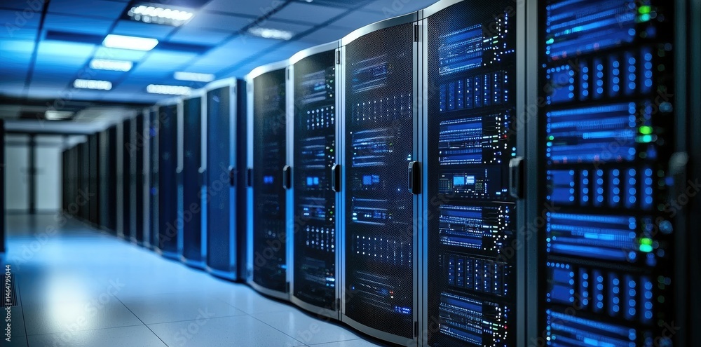 Poster futuristic server racks in a glowing tech facility with blue lighting, suitable for visuals related 