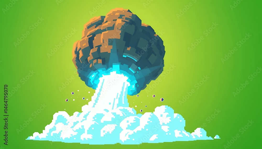 Poster pixelated meteor with blue energy effect and cloud isolated on green screen background a sci-fi fant