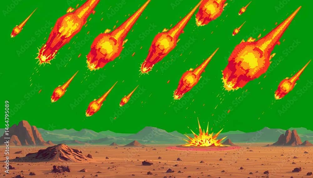 Poster pixelated meteorites falling over brown mountains and terrain isolated on green screen background cr
