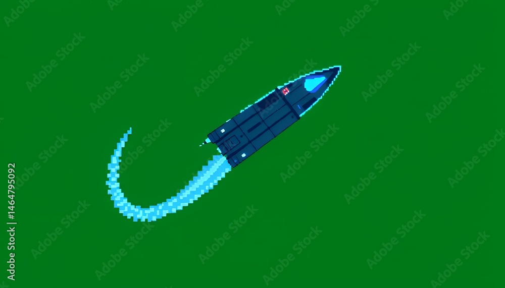 Fototapete pixelated navy blue rocket soaring upwards with blue flame trail isolated on green screen background