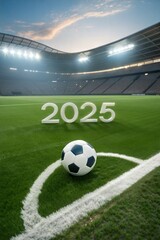 Soccer ball on field with year 2025, tournament concept