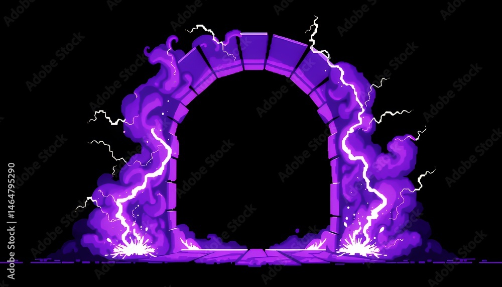 Poster pixelated purple magic arcane portal with stone frame and thunder effect isolated on green screen ba