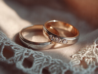 Elegant gold wedding rings with diamonds resting on delicate lace fabric