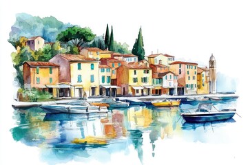 Obraz premium Vibrant waterfront town watercolor painting