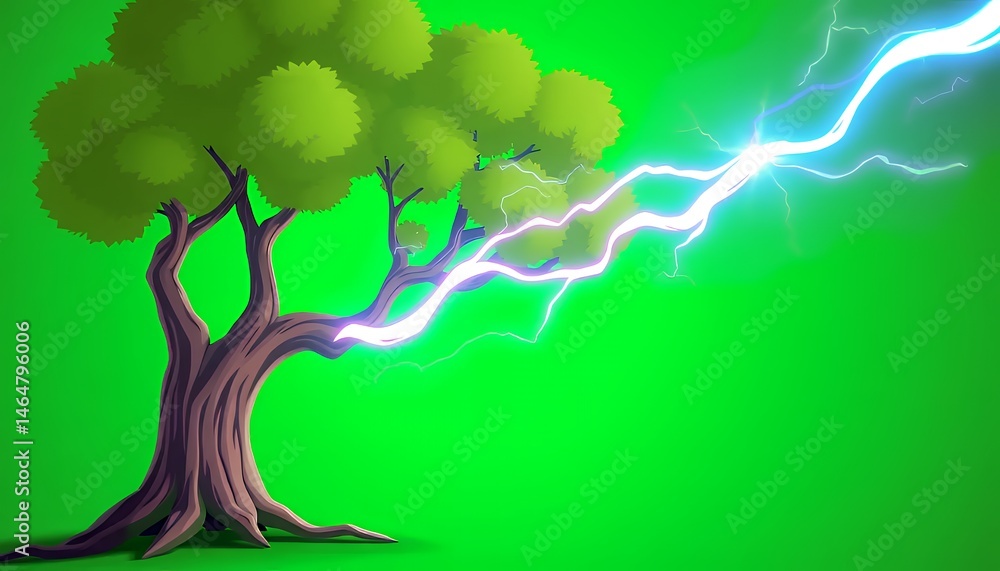 Poster pixelated tree struck by lightning on isolated green screen background for vfx element movie and gam